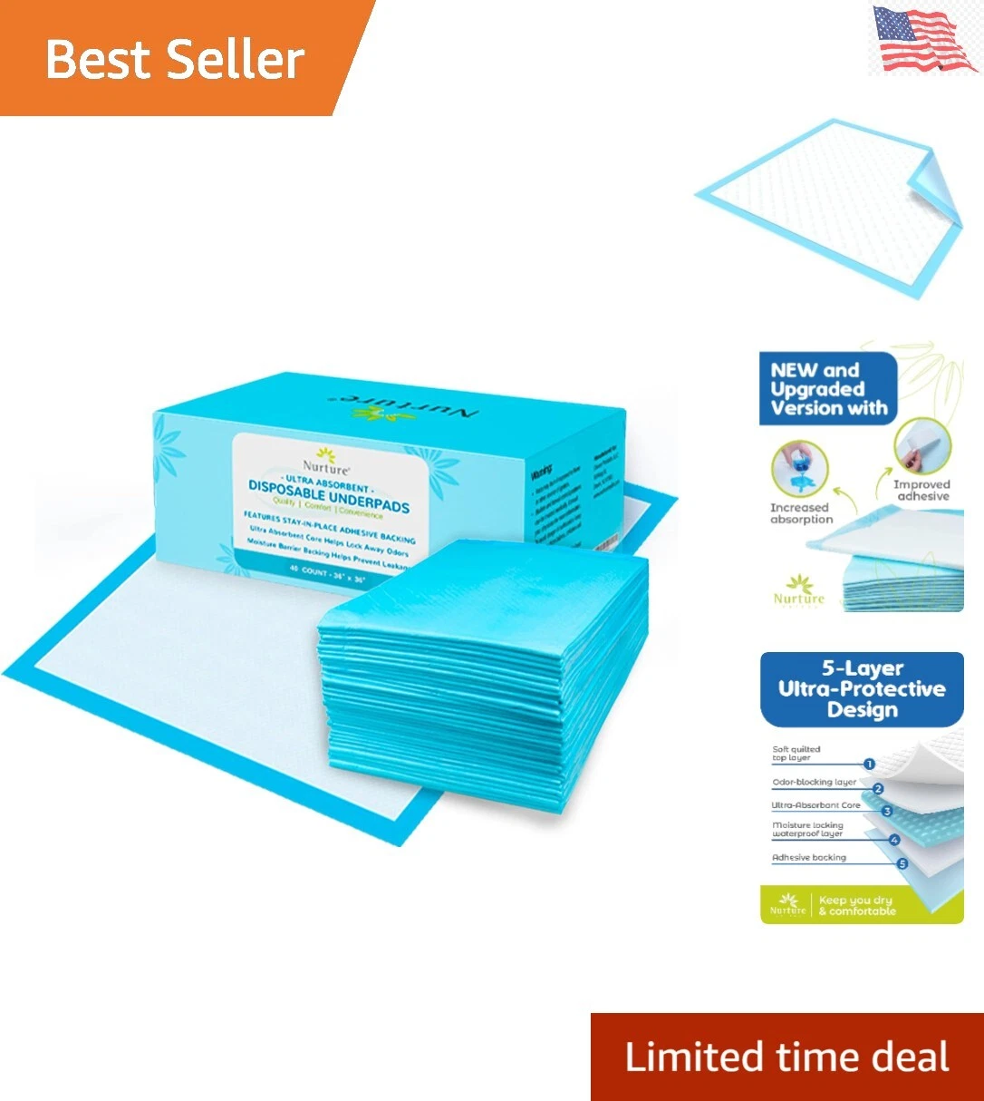 XL Heavy Duty Ultra Absorbent Bed Pads w/ Adhesive by Nurture | 36 x 36 Dispo...
Opens in a new wind