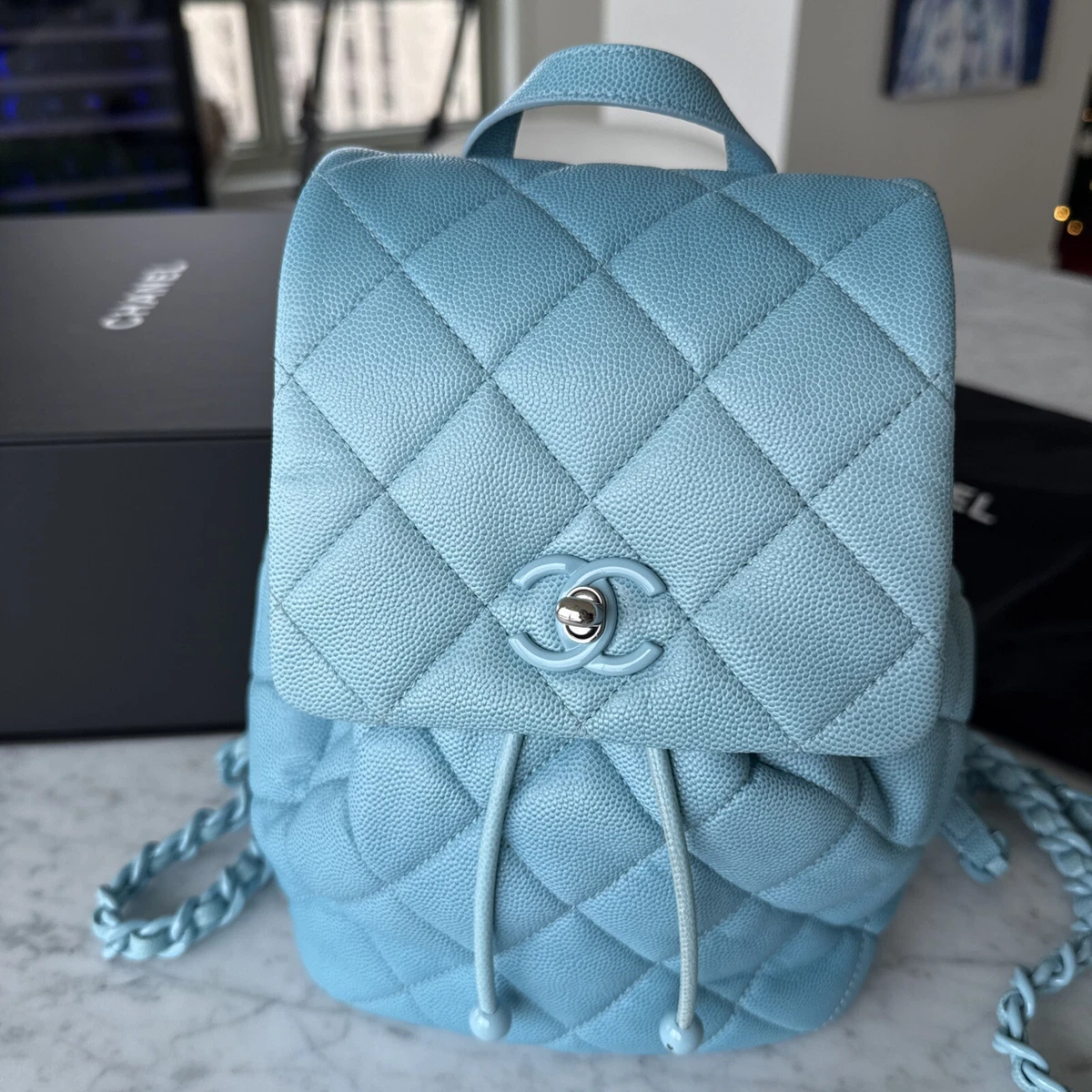 NEW CHANEL Light Blue Duma Lambskin Backpack Chanel Lambskin Quilted Small Duma Drawstring Backpack Light  main image 3