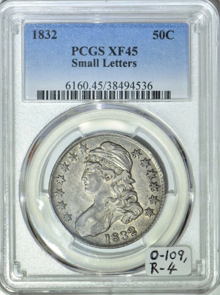 Medio dólar busto con tapa letras pequeñas 1832 graduación profesional XF-45; O-109, R-4