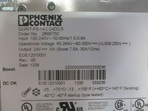 Phoenix Contact QUINT-PS/1AC/24DC/5 DC Power Supply 24VDC 5A 2866750 *Tested* - Picture 6 of 7