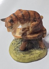 Handcrafted Handpainted Schmid  Porcelain Cat Licking Paw 1979 Stool W Bowl