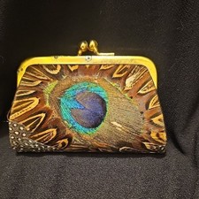 Vintage Peacock Feather Coin Purse with Gold Accents NWOT