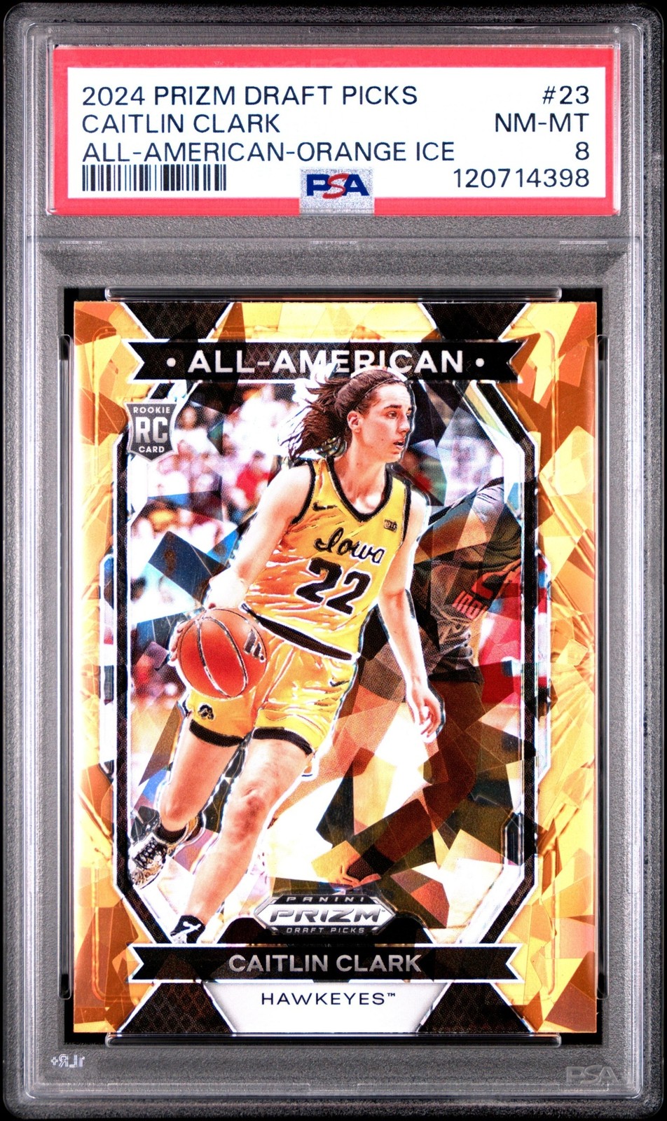 2024 Panini Prizm Draft Picks Caitlin Clark #23 RC All American Orange Ice PSA 8