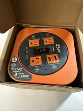 Link2Home Cord Reel 25 ft. Extension Cord 4 Power Outlets, 2 USB Ports, 2.4A