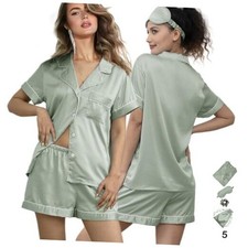 5Pcs Womens Soft Satin Pajama Set XS-4XL Button-Down Silk Pajamas Large Sage-w