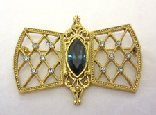 VTG Blue Rhinestone Gold Tone Brooch Pin Filigree Lattice Design