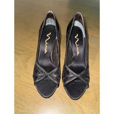 Nina Black Satin Mesh Quilted Peep Toe Pumps Heels Size 8M Leather Sole Evening