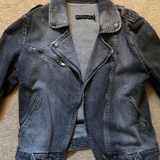 Zara Woman Distressed Gray Denim Biker Jacket