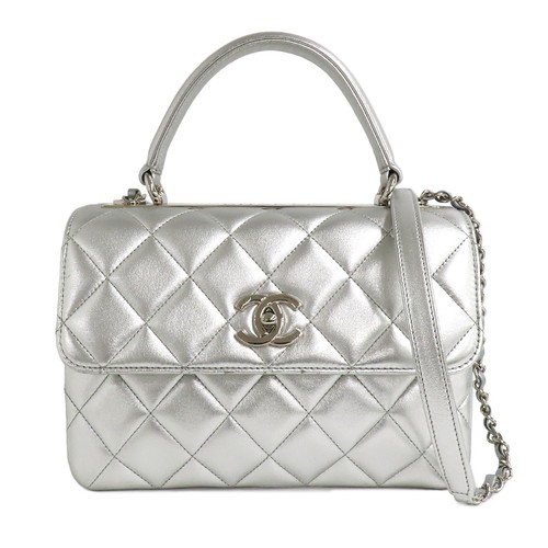 Chanel Top Handle Flap Bag A92236 Lambskin Leather Silver Shoulder Bag #UDB399