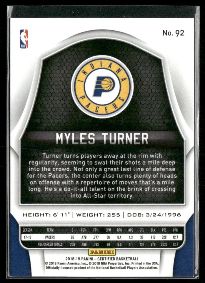 2018-19 Panini Certified Myles Turner #92 Blue /199 Indiana Pacers - Image 2 of 2