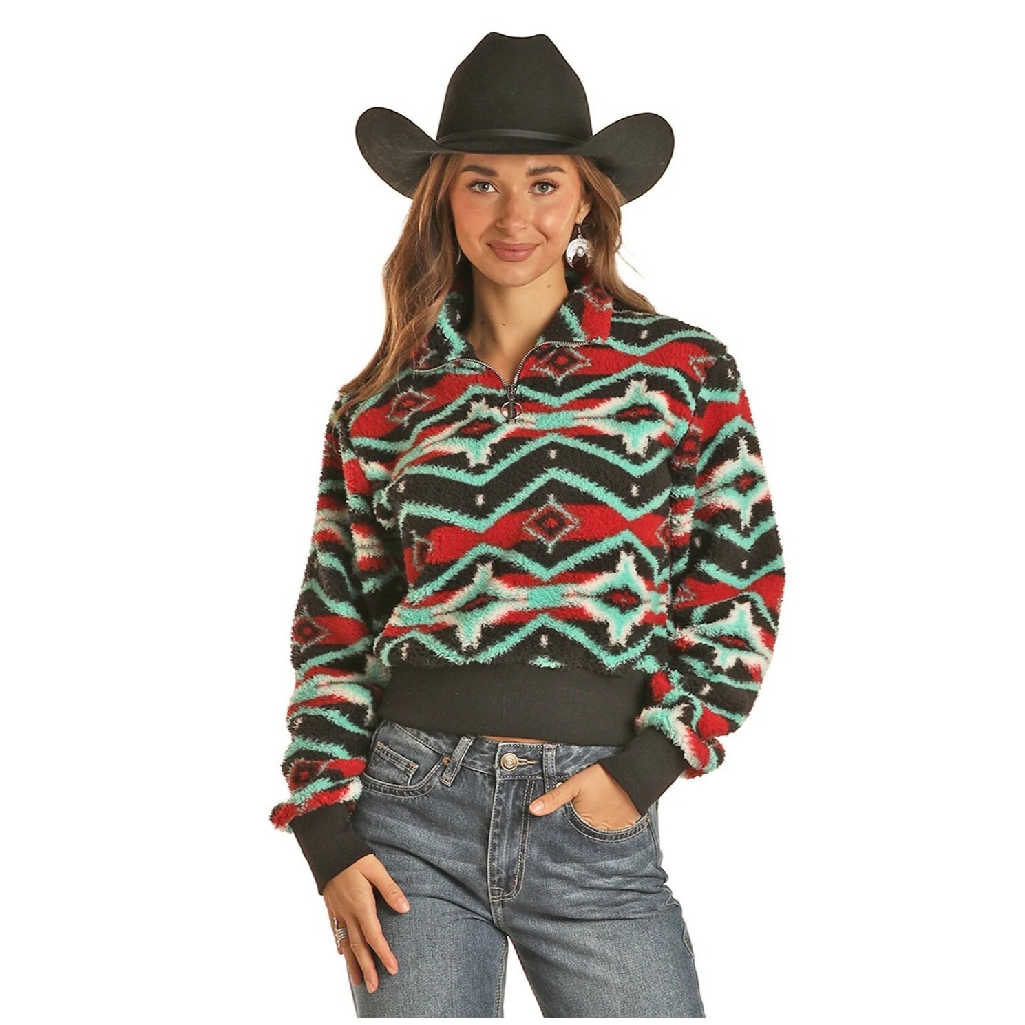 Rock & Roll Denim Women's LG 1/4 Zip Sherpa Pullover - Mint Green/Black/Red Azte