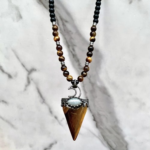 Tiger's Eye Point Pendant Onyx Beaded Amulet Healing Strength Women Men Necklace - Picture 2 of 3