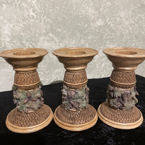 Home Interiors Set Of 3 Candle Holders Resin woven pattern green leaves Acorns - Picture 2 of 10