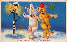 L399 New Year Greetings Humanized LampPost Dog Bear mushroom luck postcard
