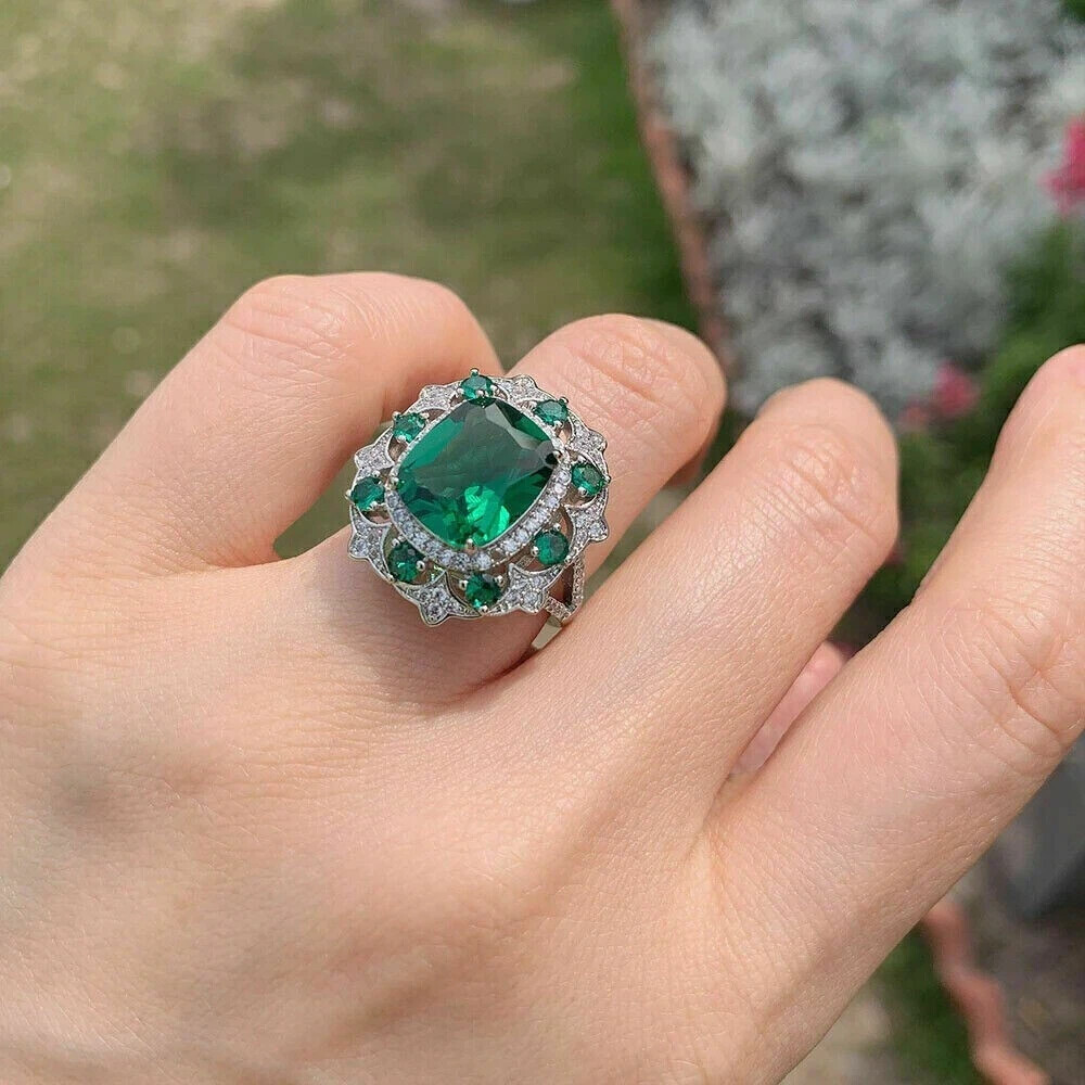 3.35Ct Cushion Simulated Emerald Cluster Wedding Halo Ring 14k White Gold Plated