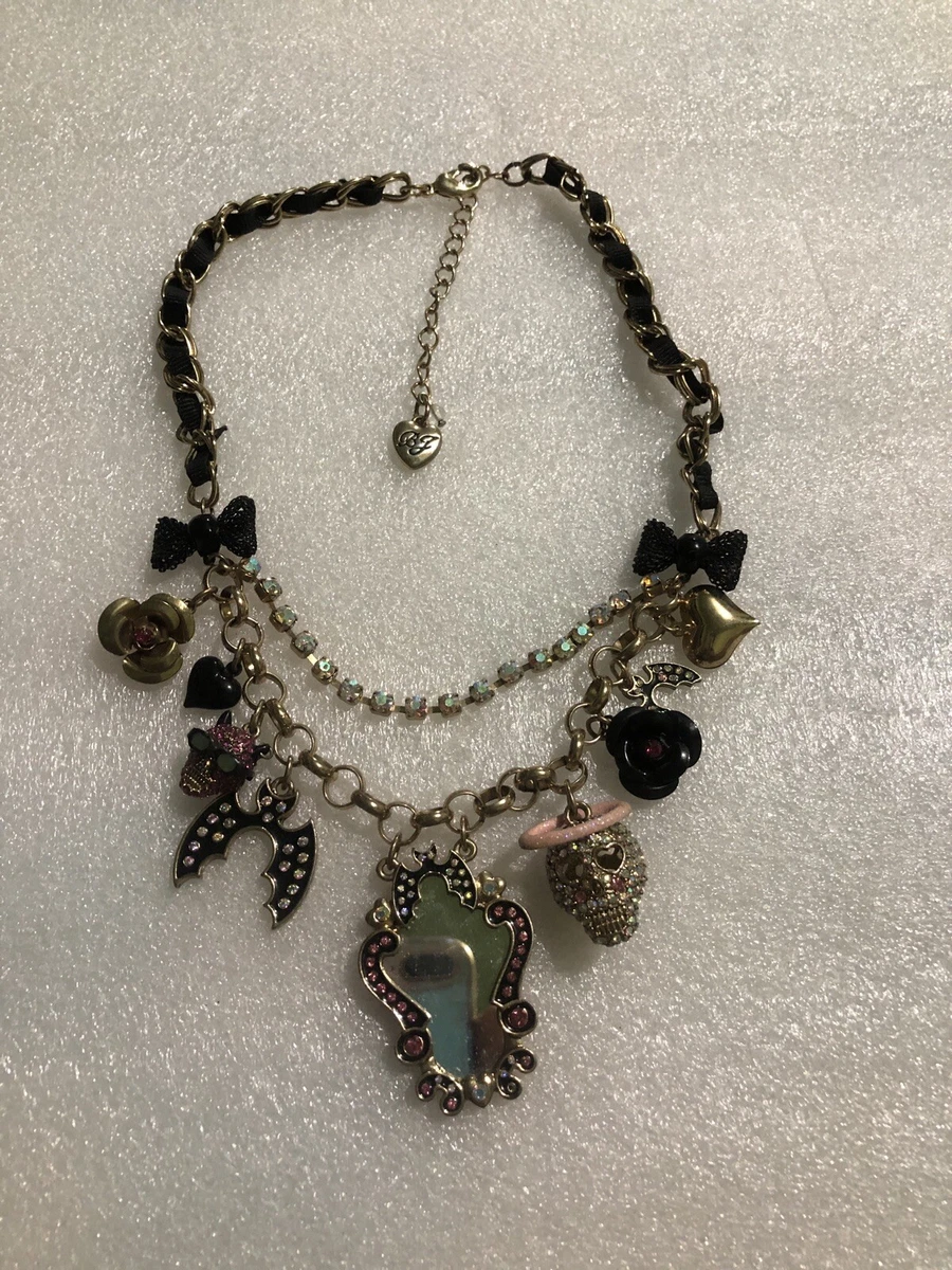 Betsey Johnson Film Noir Skull Angel Bat Necklace Nwot Rare