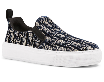 Dior Solar Blue Velvet Oblique Logo White Flat Skate Slip On Low