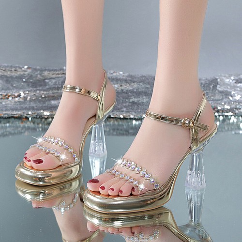 Zapatos de vestir para mujer Sandalias de tacón medio con estrás Correa con hebilla transparente Baile de graduación - Imagen 2 de 16