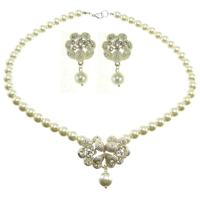 Parure Mariage (collier + Boucles) Cristal & Perles Nacrées - Blanc Cassé