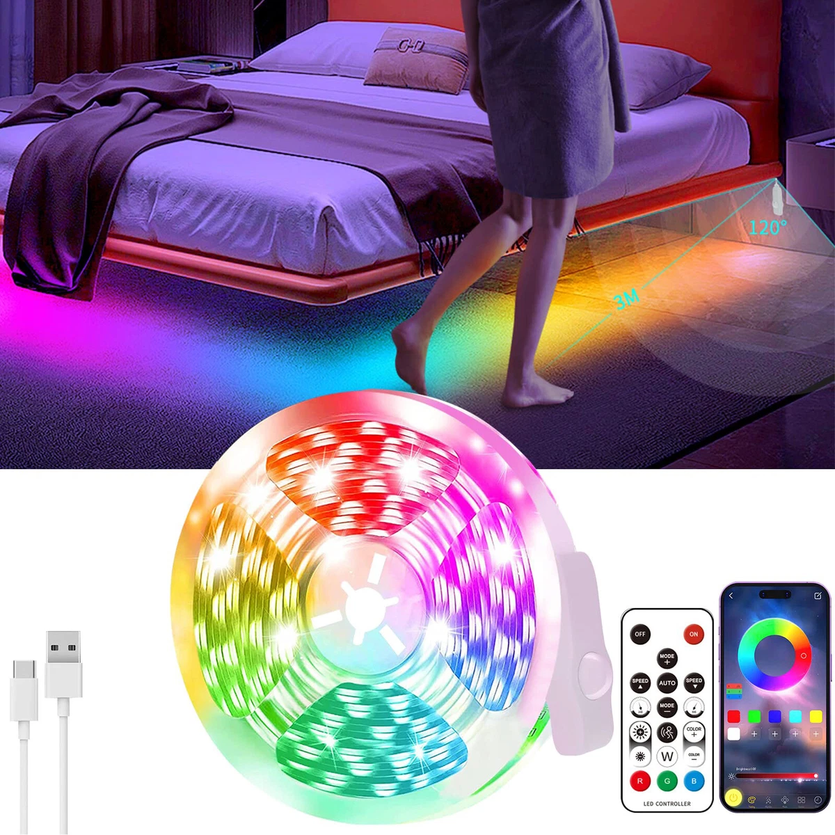 LED Light Strip Motion Activated Under Bed Sensor Night Light Strip Cabinet Lamp