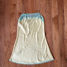 Victoria Secret Medium Chemise Slip Lingerie Yellow Satin w/Mint Green Lace Trim