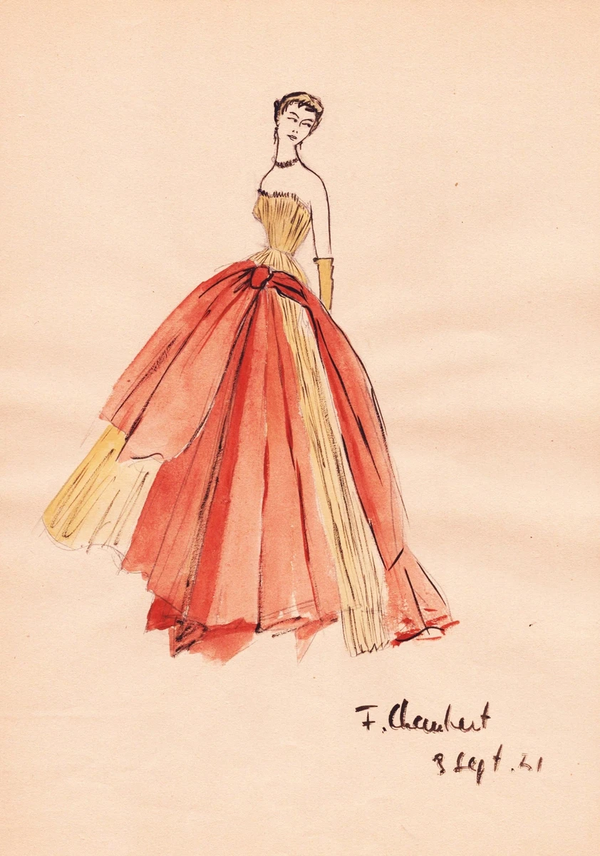 Fashion sketch of an evening gown, by Marcel Fromenti. France, 20th  century. THIRD PARTY RIGHTS APPLY | V&A Images