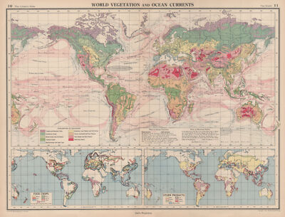 WORLD. Vegetation. Ocean Currents. Food crops. Agricultural commodities 1944 map
