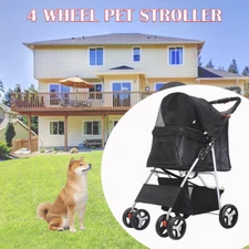 4 Wheels Pet Dog Stroller Travel Carriage w/ Foldable Carrier Cart & Cup Holder