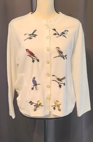 Cárdigan vintage Bon Worth abuela costera con pájaros bordados XSP blanco