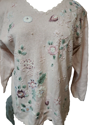 Colleens Coll Sweater Embroidered Flowers Crochet Pearl Beads