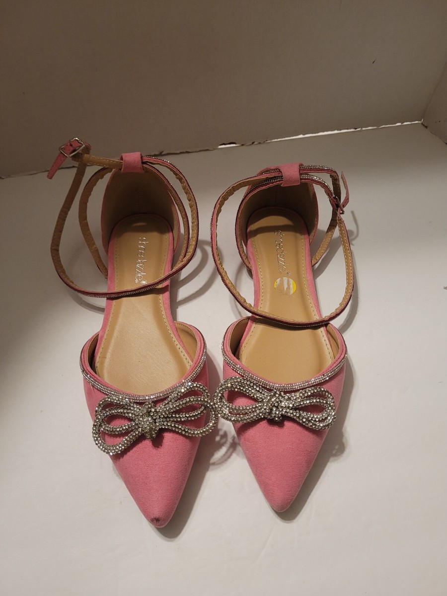 Shoedazzle Womens Rhinestone Pointed Toe Flat Suede Pink Sandals