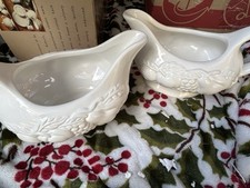 White Ceramic Embossed Oval Gravy Boat Set of 2 Glossy Finish
