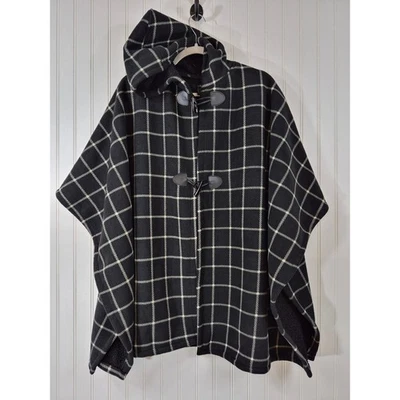 Modena Hooded Poncho Cape Black White Windowpane Plaid Sherpa Lined Toggle OS - Image 1 of 4