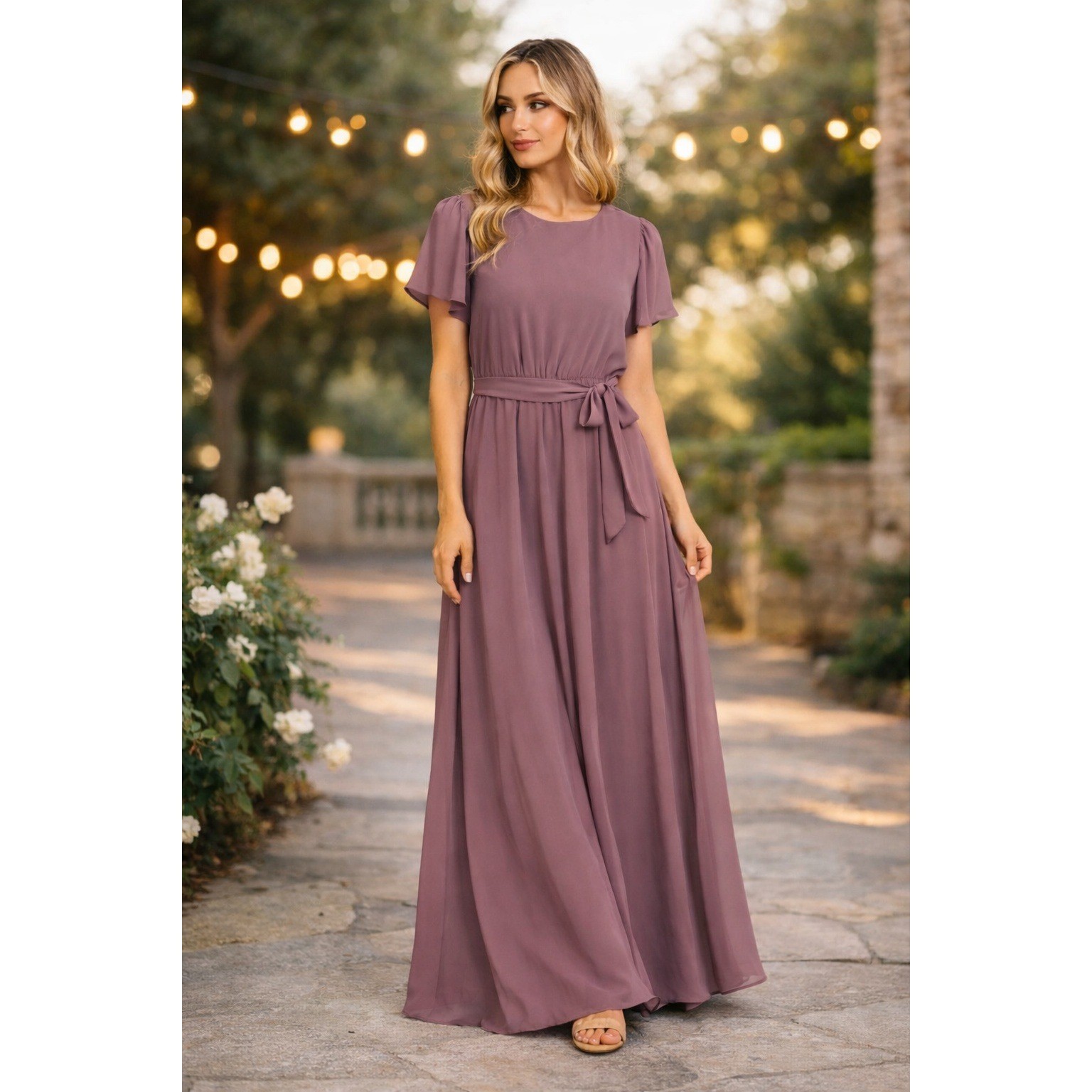 Baltic Born Dusty Mauve Maxi Dress Chiffon Flutter Sleeve XL Wedding Guest
