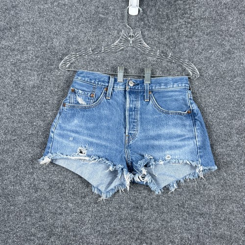 Levis 501 Shorts Womens 25 Blue Denim High Rise Distressed Raw Hem Button Fly
