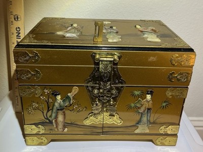 Vintage Chinese Gold Lacquer Jewelry Box, Red Silk Lining H 10  L 14  W 9  