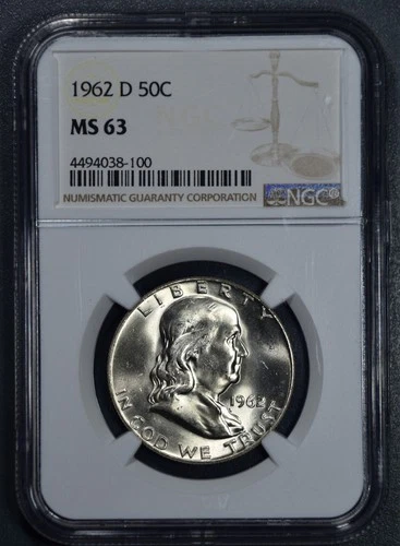 1962-D 50C FRANKLIN SILVER HALF DOLLAR KM# 199 NGC MS 63 A6366