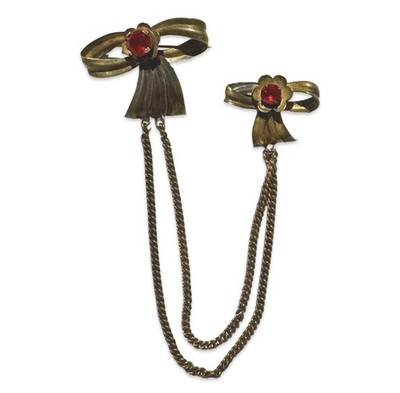 Vintage Antique Brass Red Rhinestone Bow Ribbon Multi Chain Double Pin Brooch