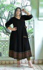 Women Rayon Angrakha Anarkali Kurti Black Long Flared Ethnic Dress Tassel XS-8XL