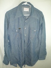 MENS Wrangler western Vintage Shirt BLUE DENIM Pearl Snap SIZE 16 1/2 34 M/L 46"