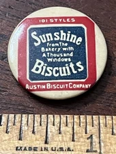 SUNSHINE BISCUITS, Pinback Button,  1 in Dia. Austin Biscuit Co. Backing Paper