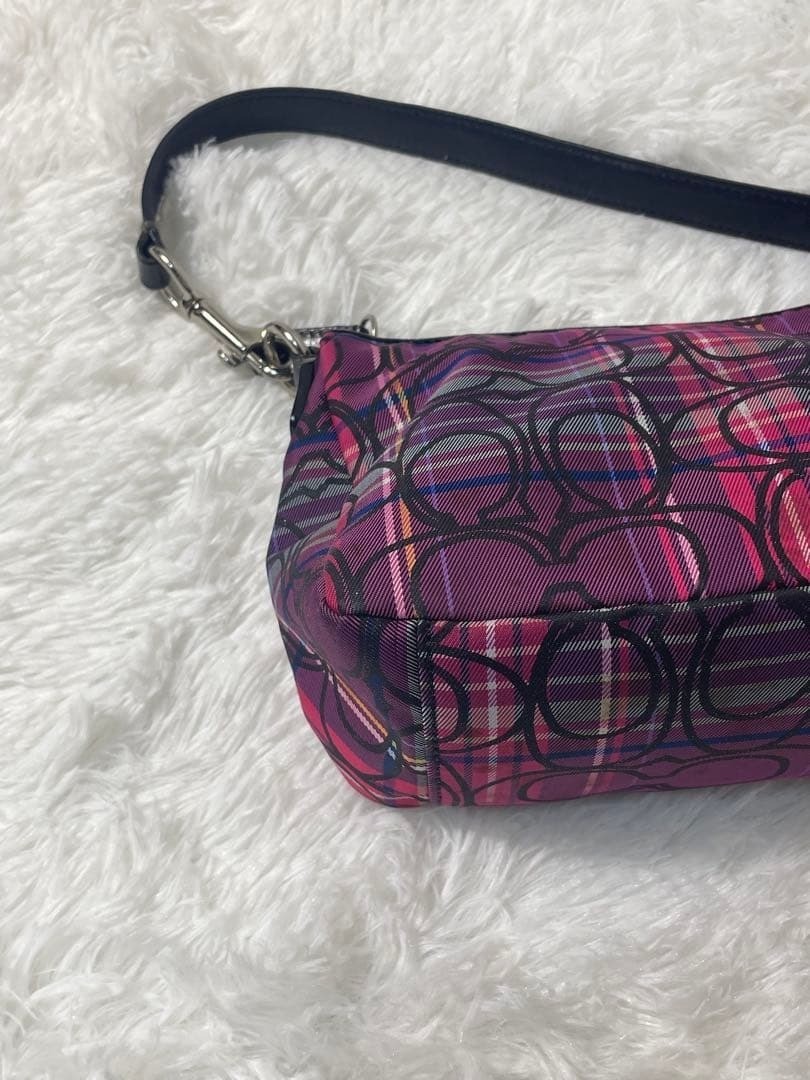COACH Signature Women's Hand Shoulder Bag Purple Tote check pattern Purse Used thumbnail 5