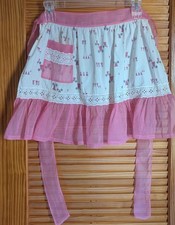 Vtg Half Hostess Apron Pocket Organza & Eyelet MCM Print Black Pink Prams