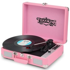Record Player, Vinyl Record Player with Stereo Speakers,All-in-one Retro Pink