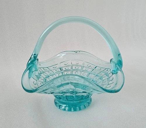Fenton Light Blue Basket Weave Glass Candy Basket Dish Applied Handle 6"