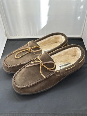 Minnetonka Mens 3908W Pile Lined Hardsole Moccasin Slippers Chocolate Brown 11W - Image 1 of 4