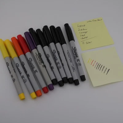Lot of 11 Sharpie Ultra Fine print. 6 Black, 2 Yellow, 1 Orange, 1 Red, 1 Purple - Image 1 of 4