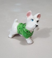 VIntage White Westie or Scotty Dog Figurine with Heterochromia and Green Shirt