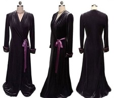VINTAGE JONQUIL DIANE SAMANDI NEIMAN MARCUS CHARCOAL VELOUR ROBE PLUM TRIM S/M