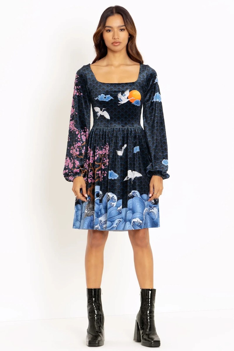 Blackmilk Flight Of Tsuru Velvet Squared Up Bishop Longline Dress